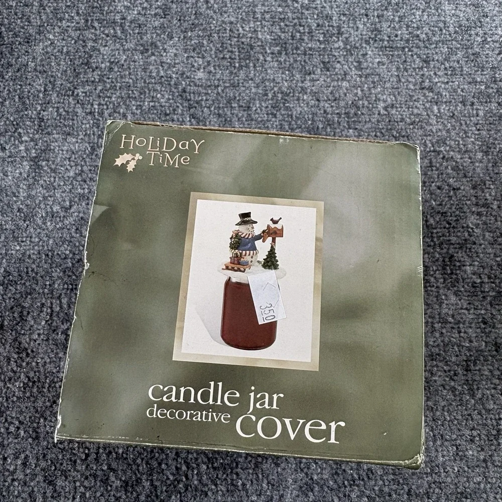 Holiday Time Snowman Candle Jar Topper Cover Christmas Decor w Box Farmhouse‎